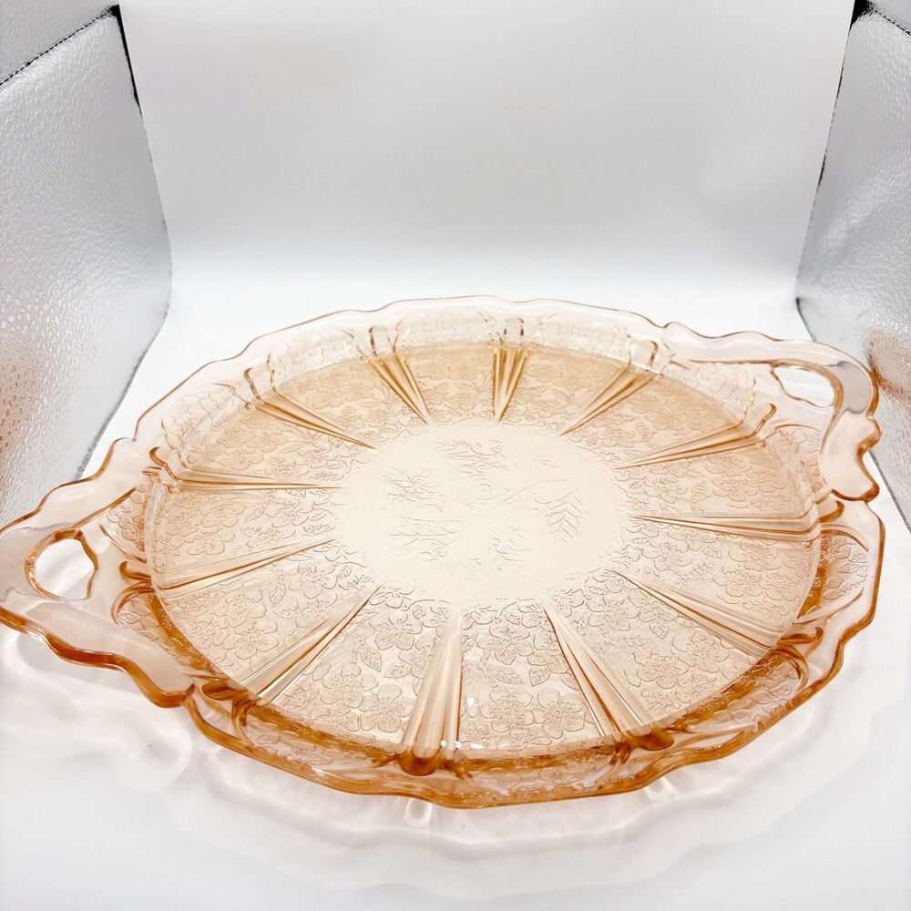 1930’s Pink Depression Glass Cake Plate Cherry Blossom Jeannette Glass Company